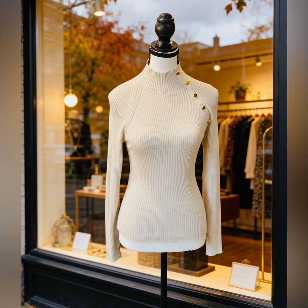 Express Ivory High Neck Sweater with Gold Button Accents - Small, Like New